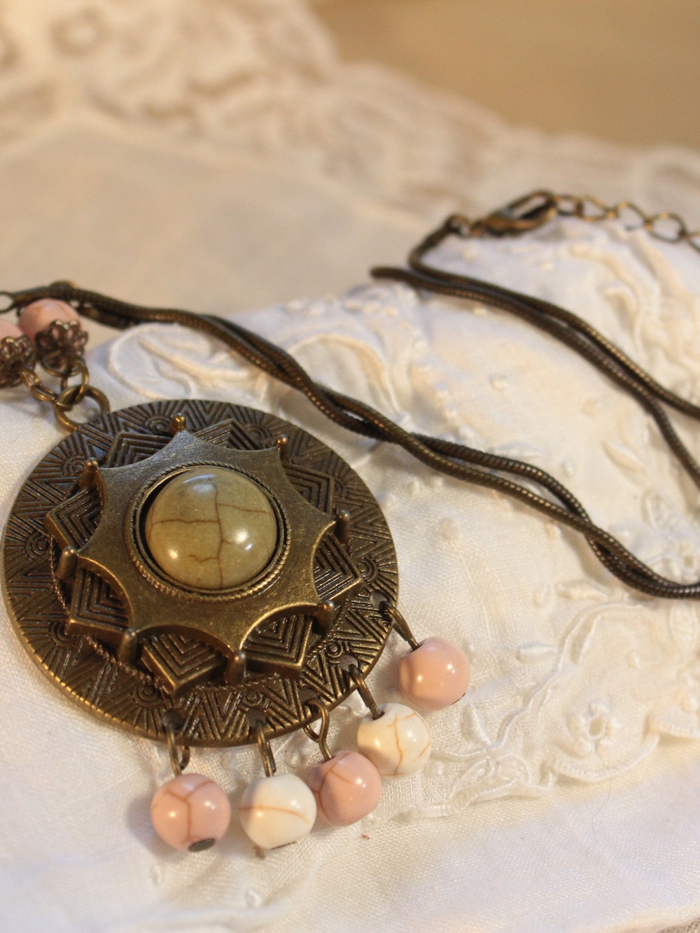 Bronze-Tone Medallion Pendant Necklace with Pink and White Beads